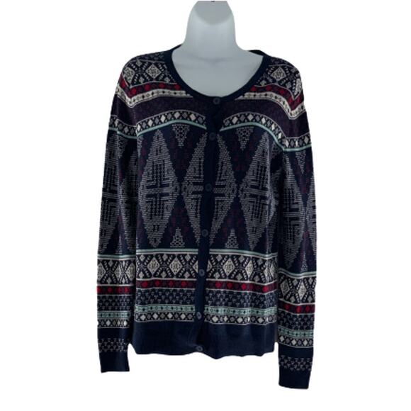 Merona Women's Geometric Nordic Tight-Knit Long Sleeve Button Front Sweater Sz L - Picture 1 of 5